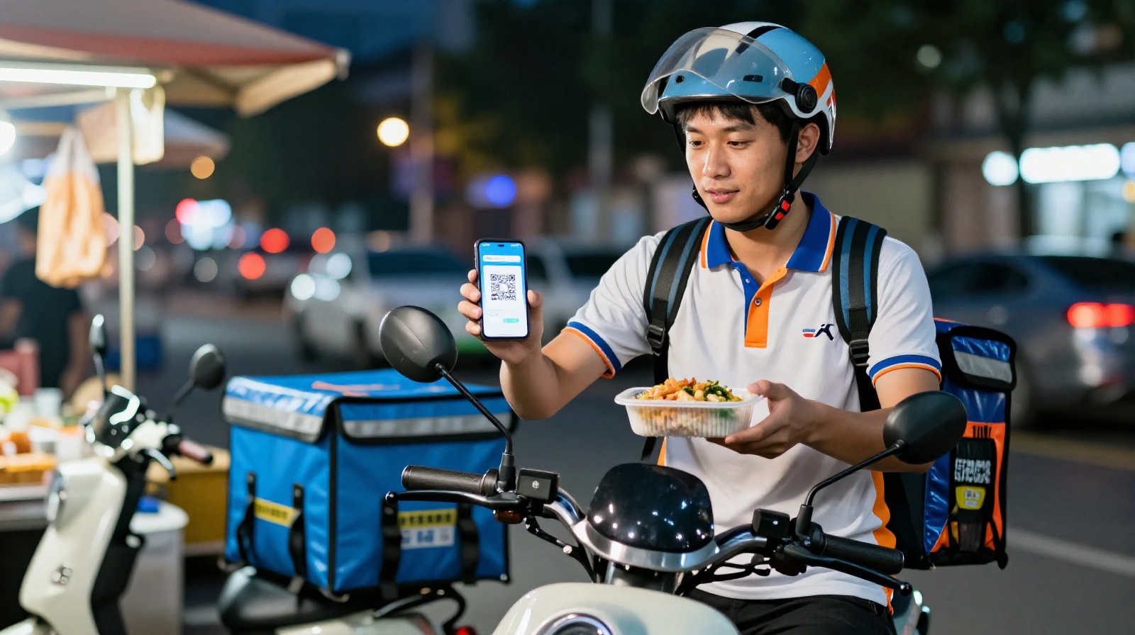 A delivery rider using Alipay on his phone to pay for street food at a nighttime market in Hangzhou