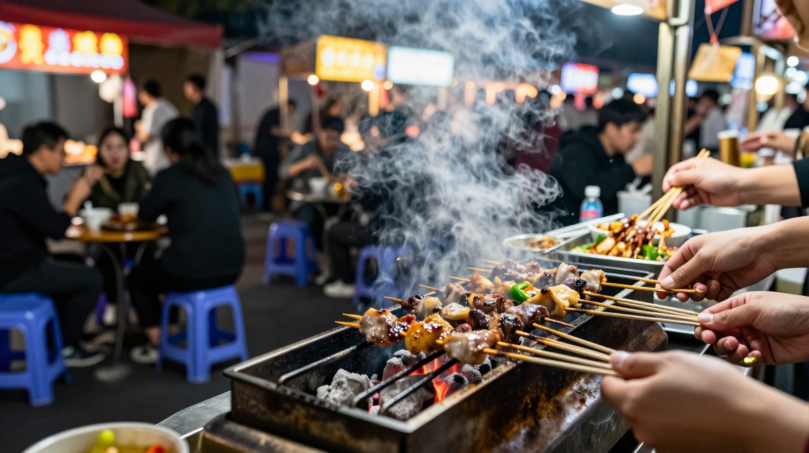 A busy night market stall in Hangzhou serving grilled food to local office workers and neighbors after dark