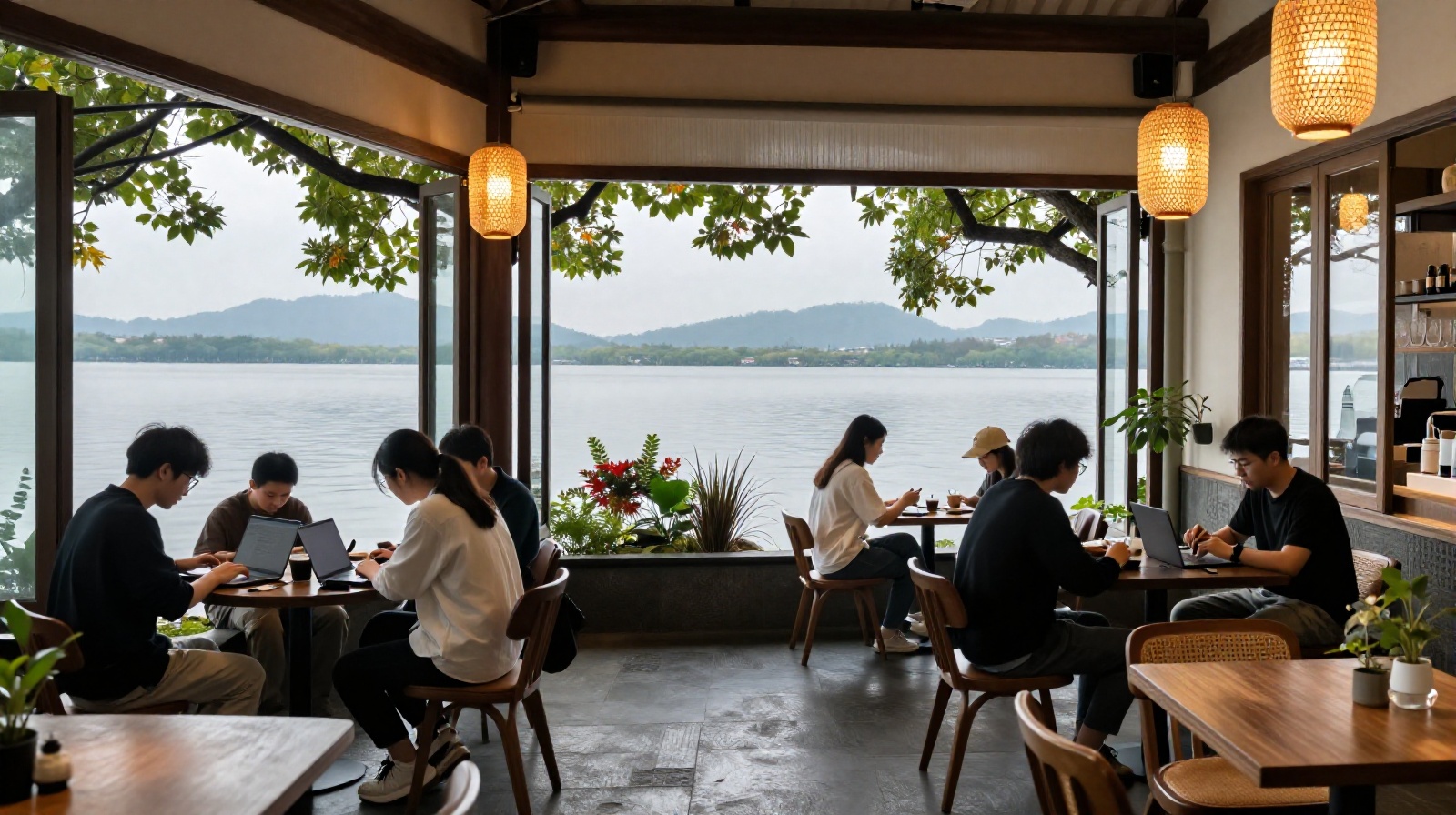 Young professionals remote working in a modern cafe overlooking West Lake, blending nature and technology