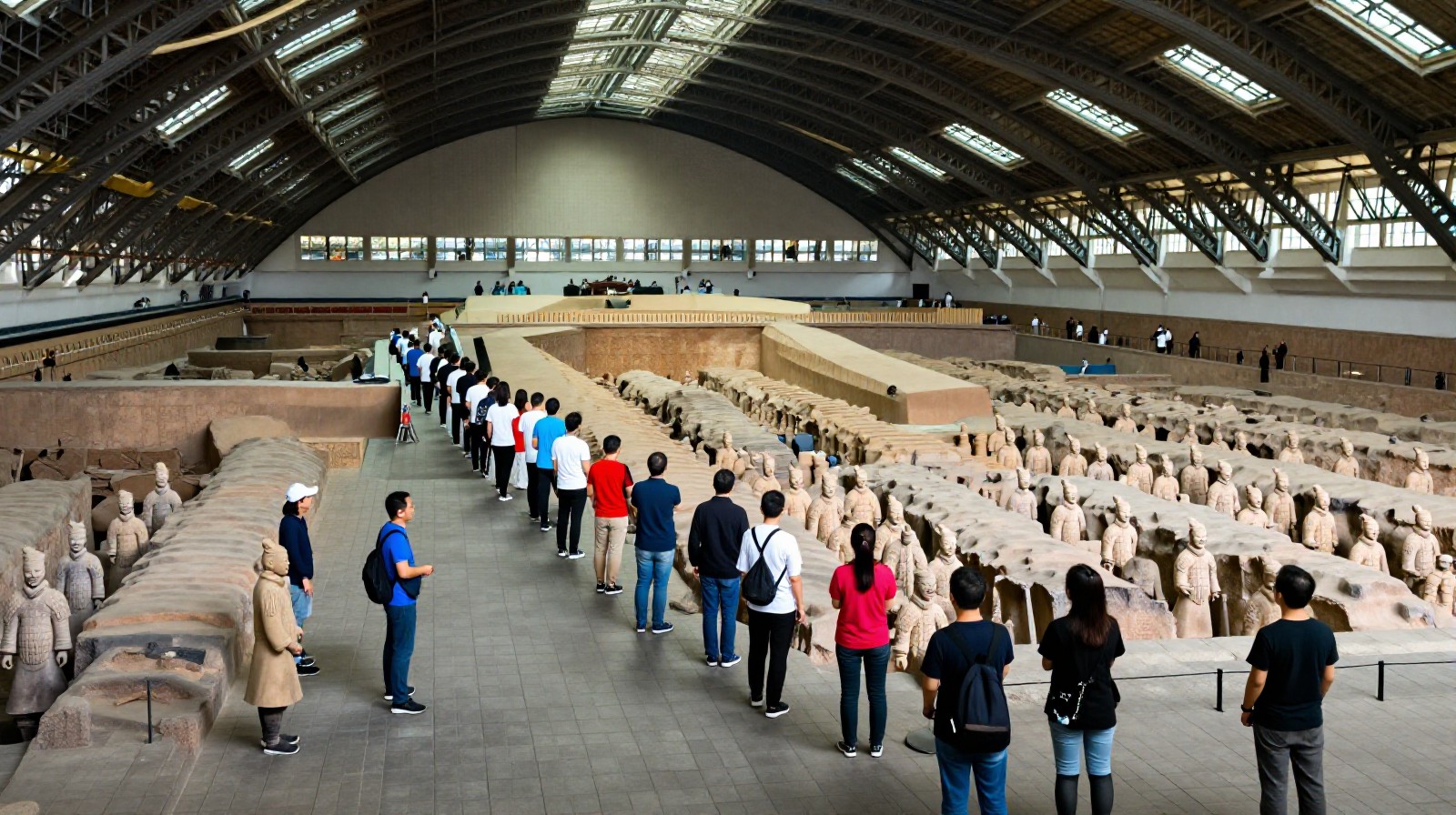 A wide angle view of the entrance to the Terracotta Warriors museum where a local elderly man sits quietly near the tourist queue, illustrating the blend of ancient history and daily life in Xi'an, Shaanxi.