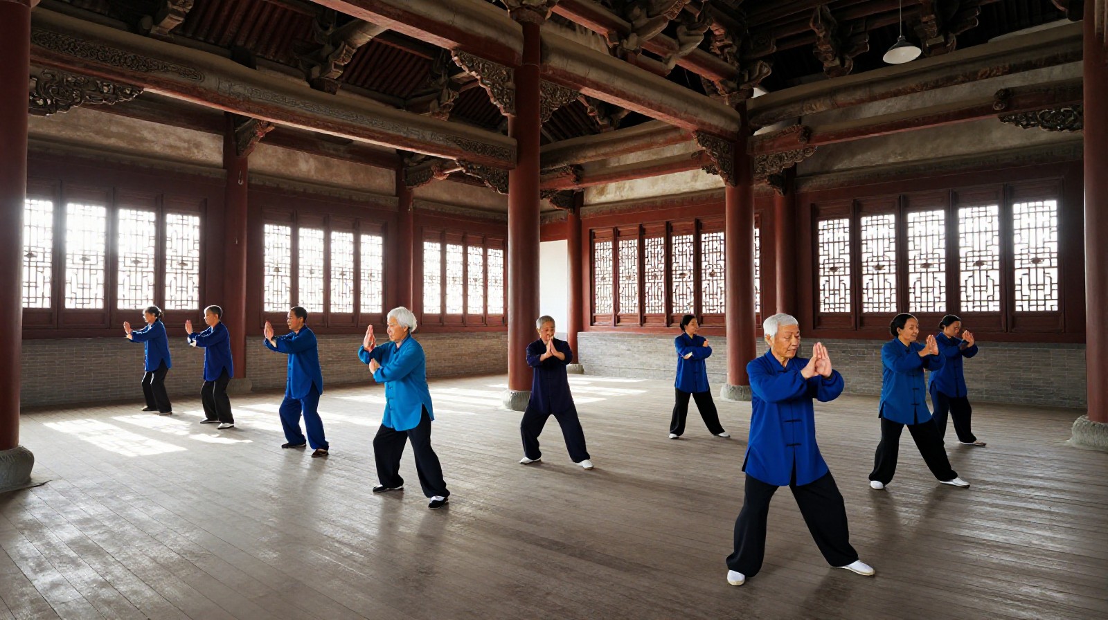A group of elderly people practicing Tai Chi inside a historic temple courtyard in Shaanxi, surrounded by ancient wooden carvings and stone structures.