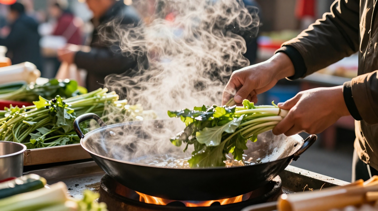 A close-up view of a street vendor cooking fresh vegetables in a wok at a Hangzhou morning market, with steam rising and a busy market atmosphere