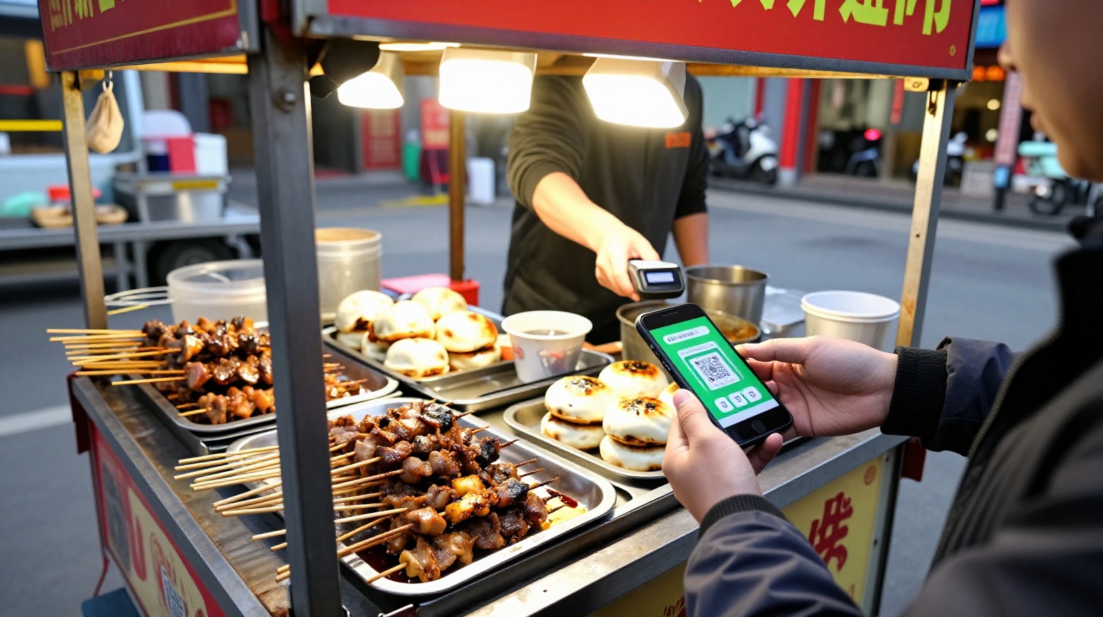 A tourist or local paying for street food using a mobile phone scanner in Hangzhou, showing the digital payment ecosystem