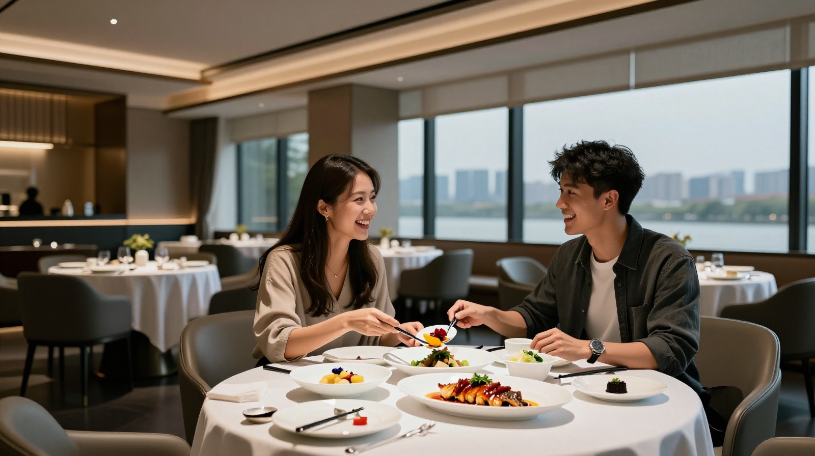 Young people enjoying a modern fine dining meal at an upscale restaurant in Hangzhou, blending traditional food with contemporary ambiance