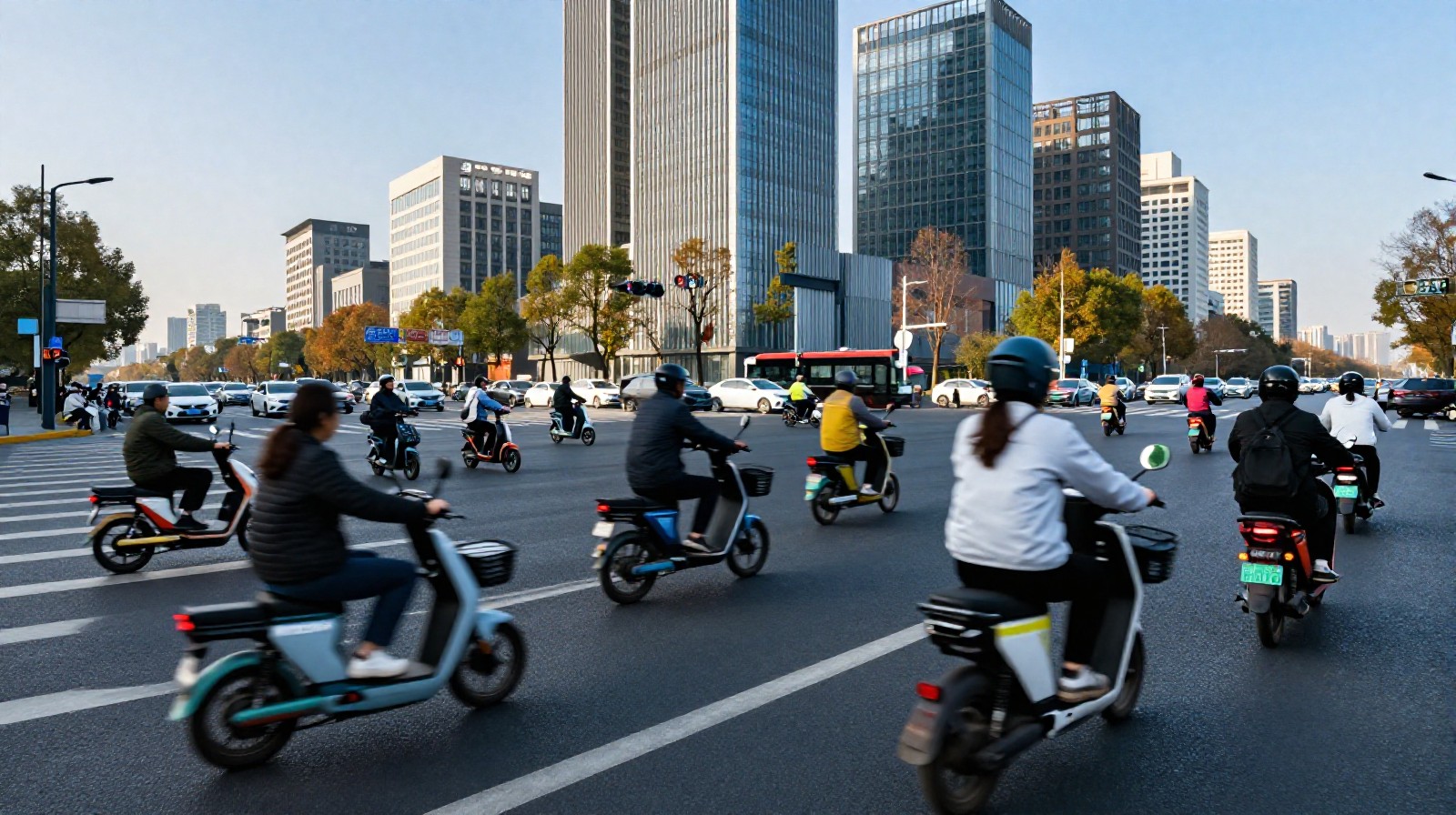 Thousands of electric bikes commuting through dedicated green lanes in Hangzhou at 8 AM with modern office towers in the background