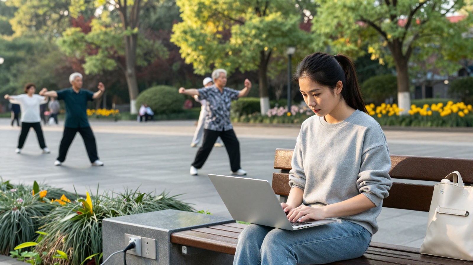 A digital nomad working on a laptop in a public park while retirees practice tai chi nearby in Hangzhou