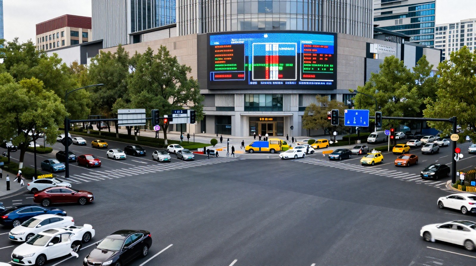 Smart traffic lights and digital displays managing the flow of vehicles and pedestrians at an intersection in Hangzhou