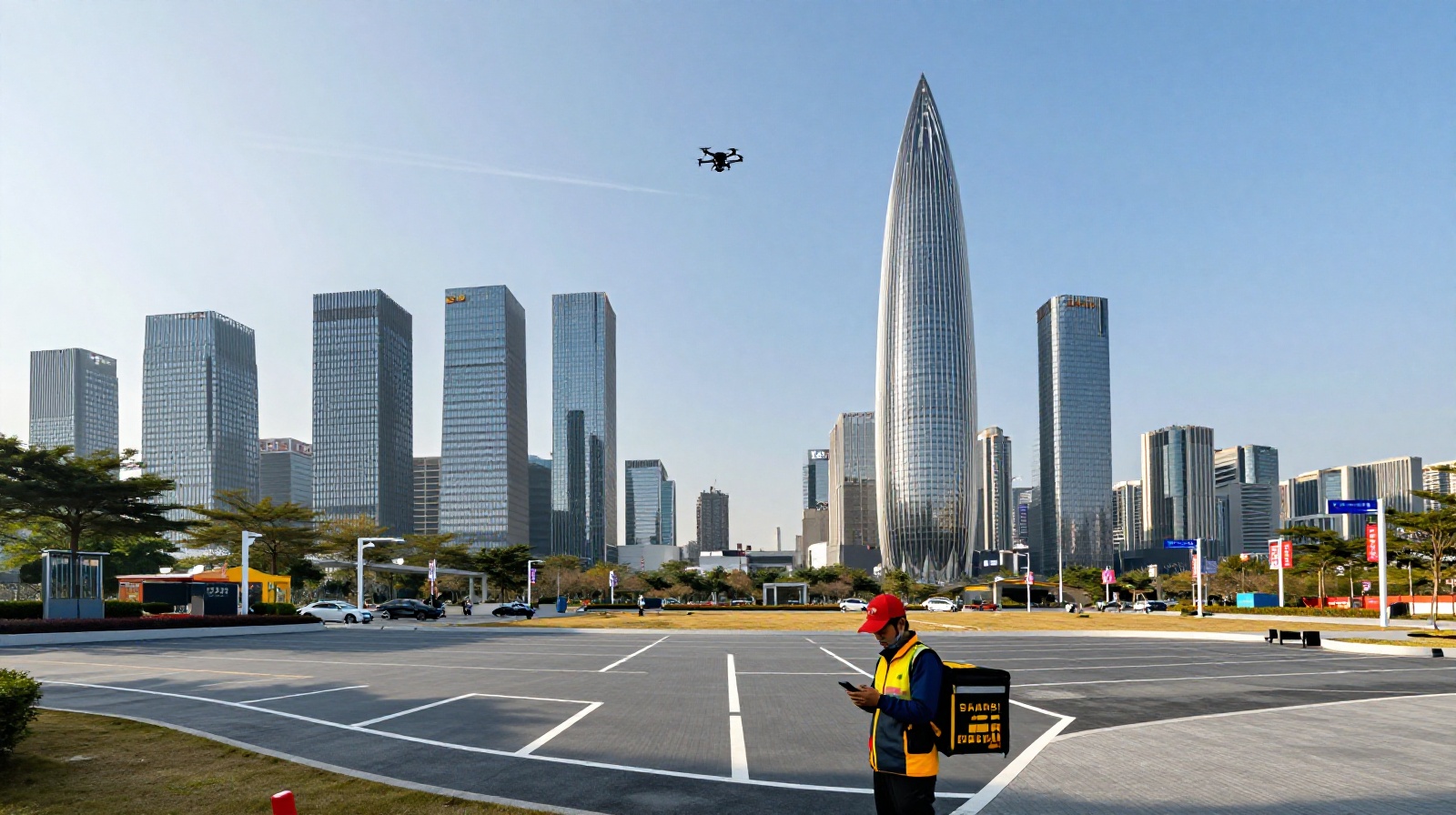 Drone logistics operation in Shenzhen business district showing flight paths above office buildings