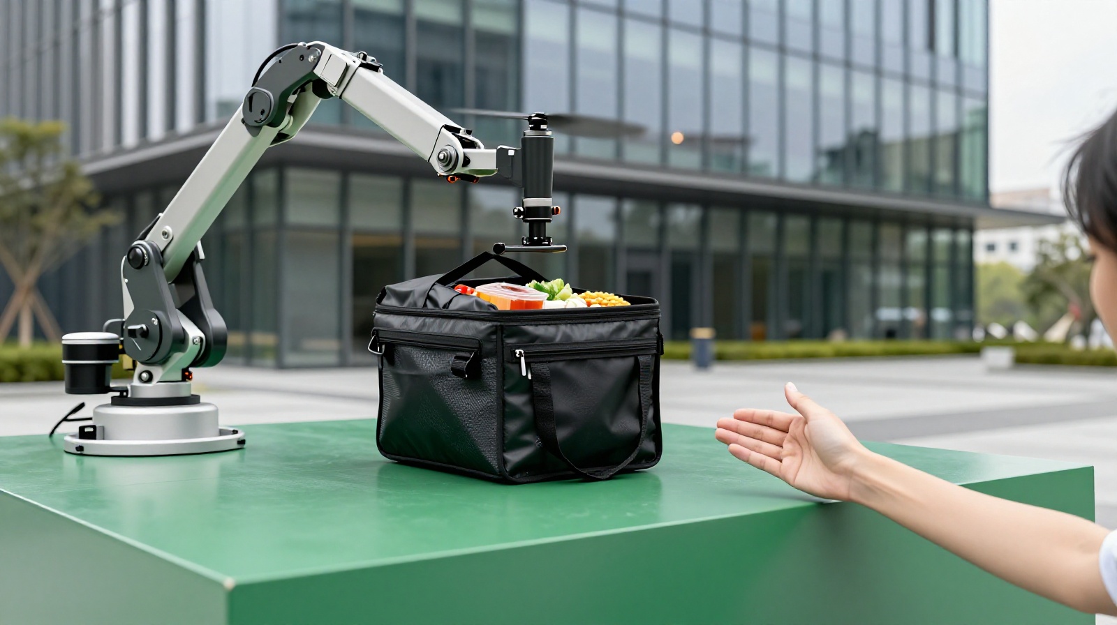 Drone delivering food package to customer in Shenzhen using automated landing system