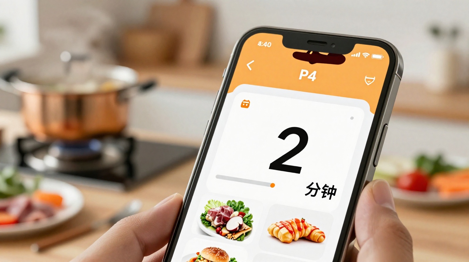 Close up of smartphone displaying food delivery app countdown timer in Beijing kitchen