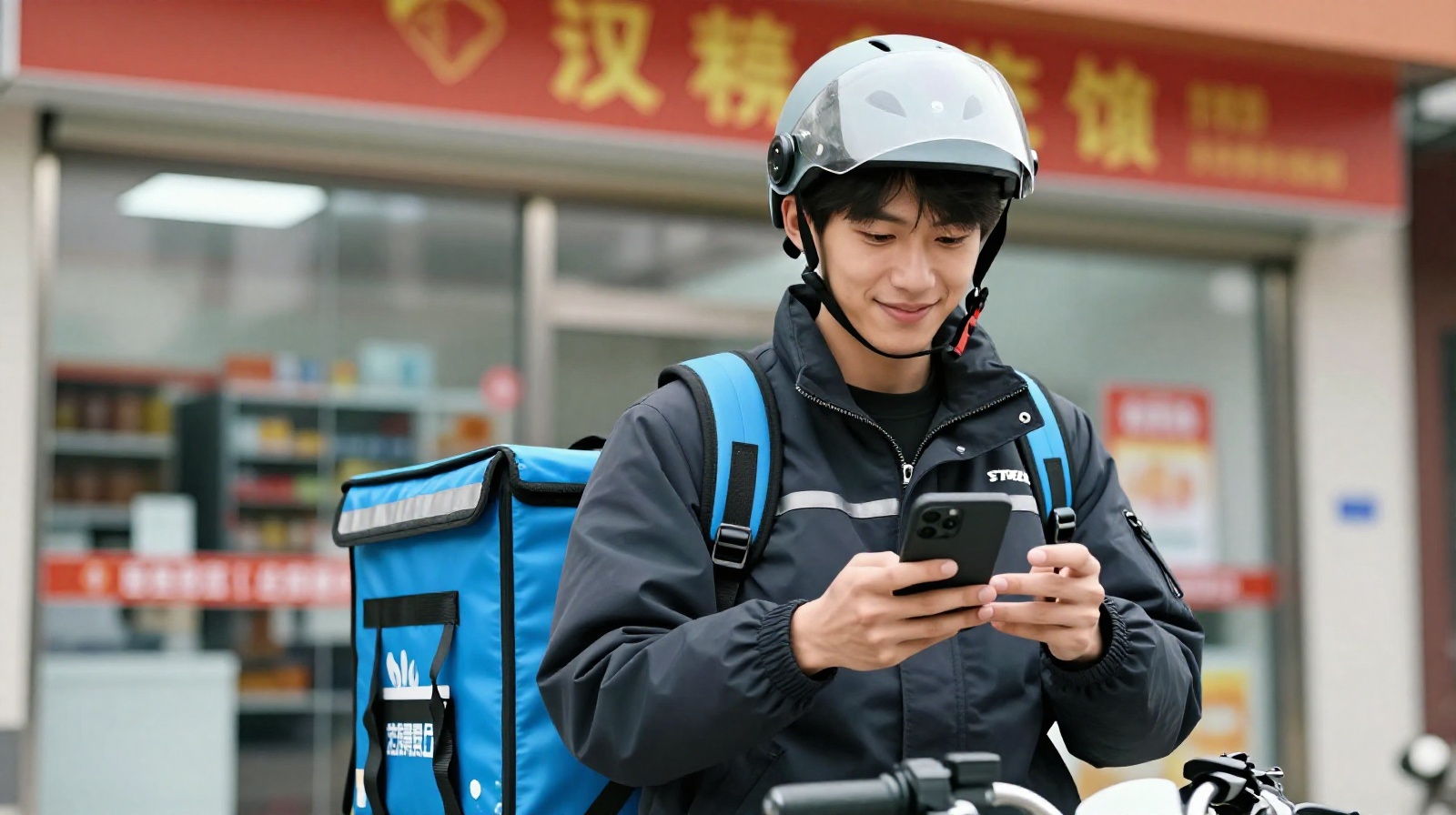 Portrait of a smiling Chinese delivery worker named Xiao Chen with his gear