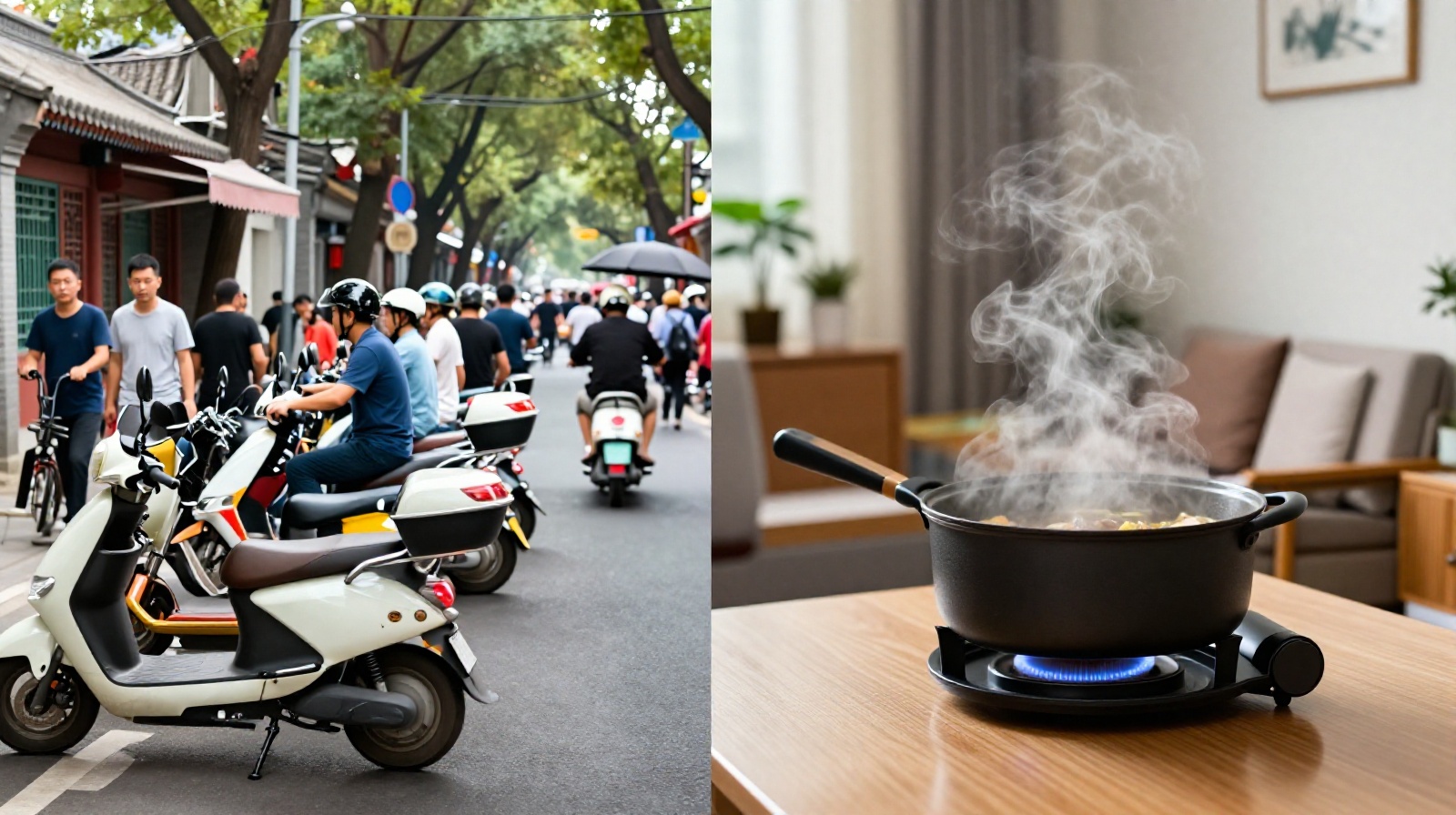 Contrast between busy delivery traffic outside and cozy hotpot dinner inside a Chinese home