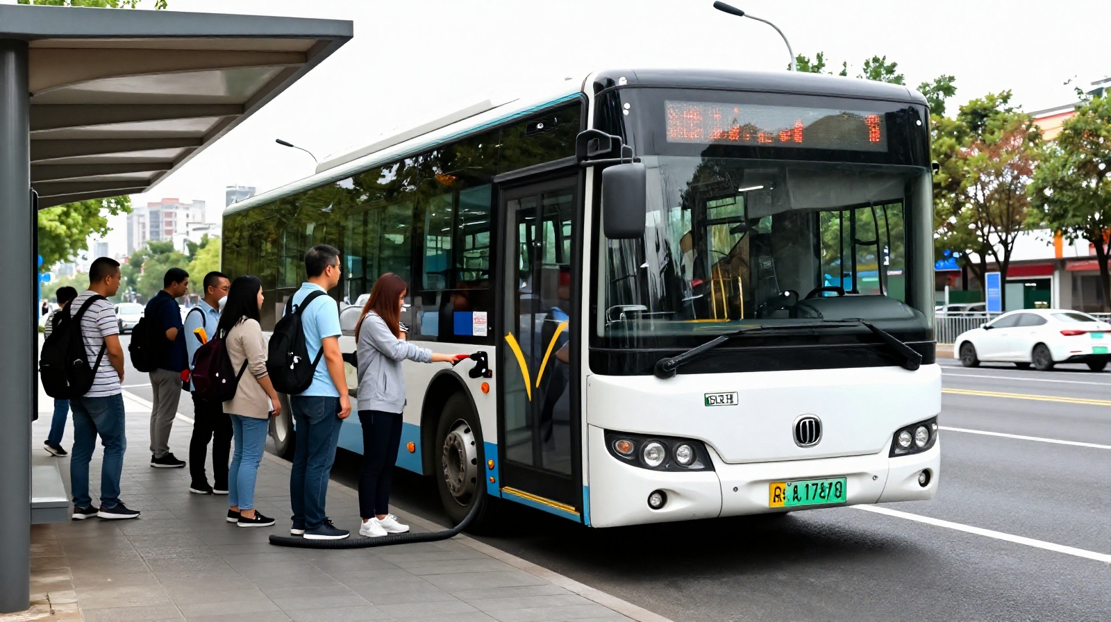 Modern electric bus in Shenzhen charging infrastructure with passengers boarding