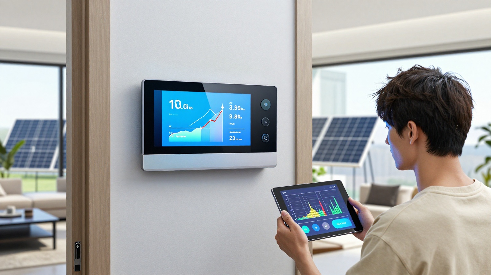 Smart meter and solar panels in a sustainable Chinese home interior