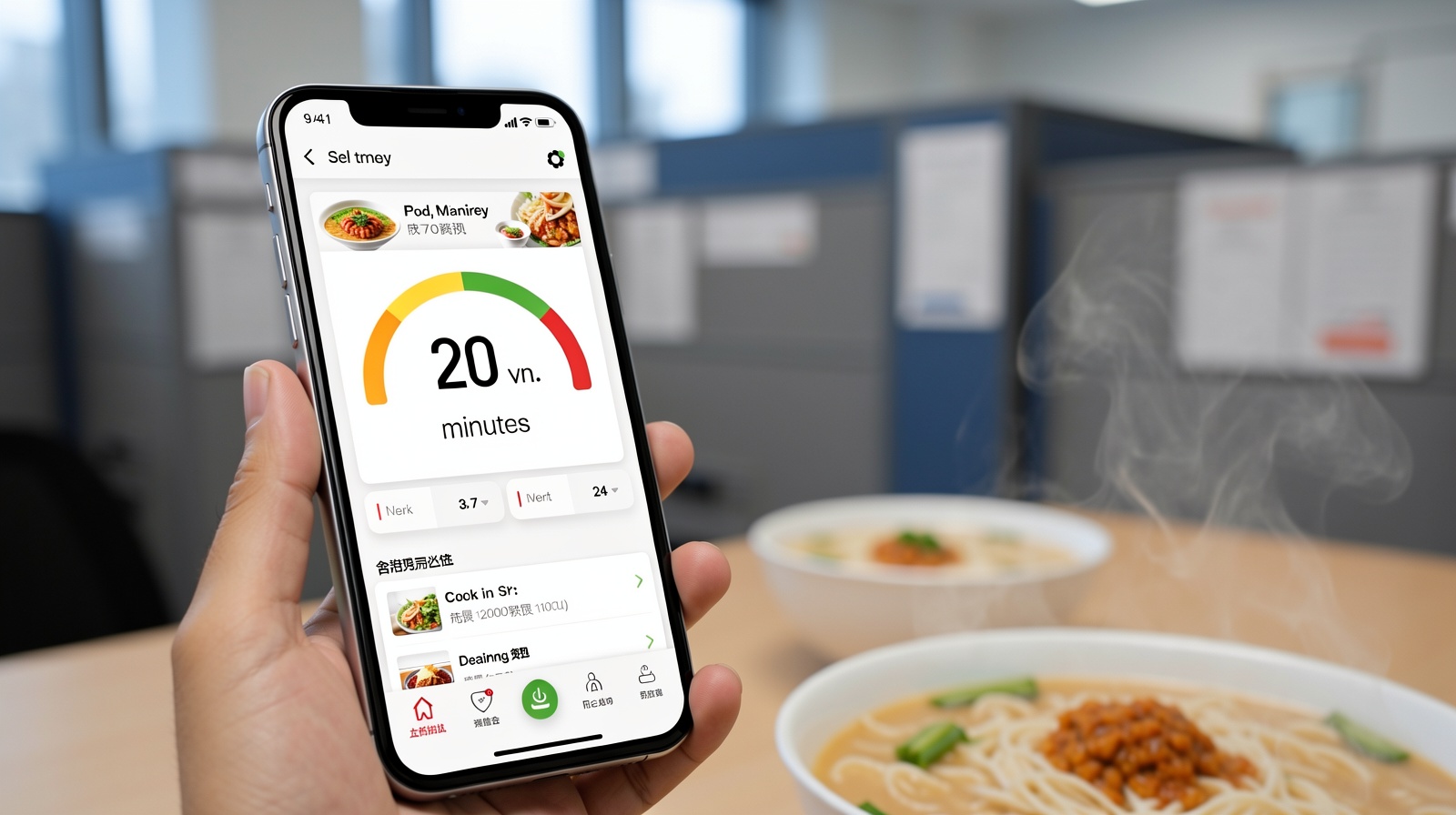 Smartphone screen showing fast food delivery countdown timer in a Shanghai office