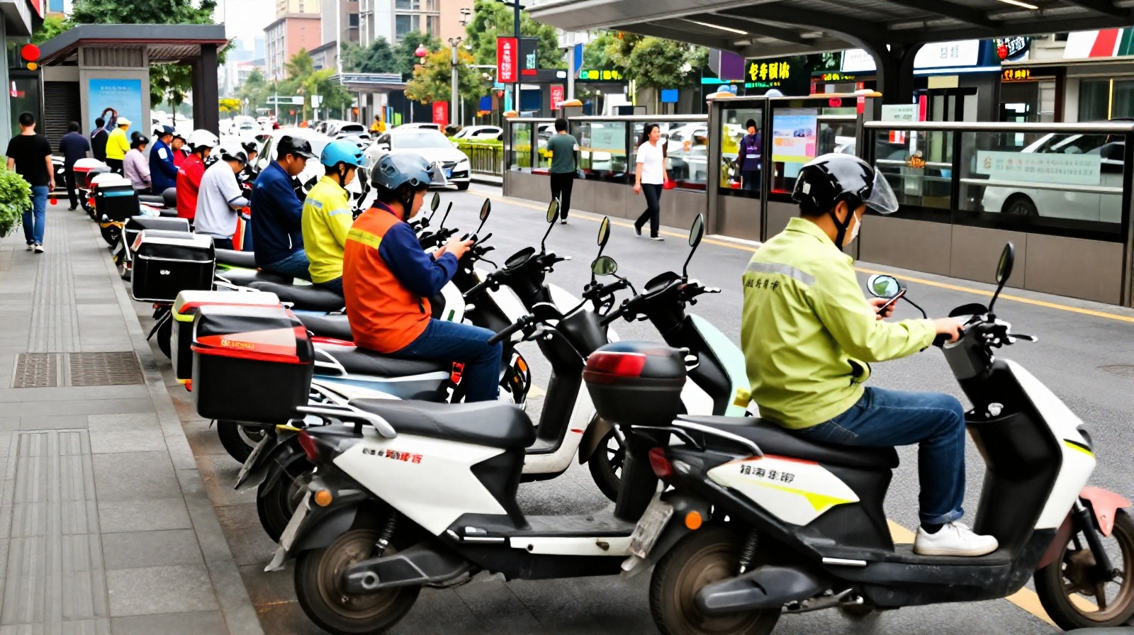 Delivery scooter riders queueing outside a metro station in Chengdu
