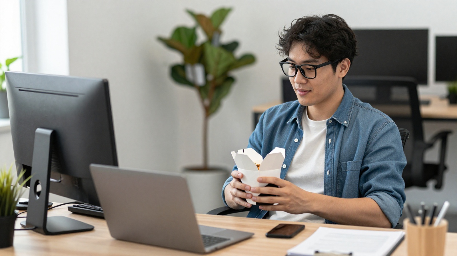 Young Chinese professional enjoying a quick takeout lunch at the office desk