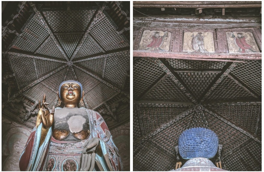 Interior perspective looking up at the multi-layered wooden ceiling and support beams inside the Yingxian Wooden Pagoda