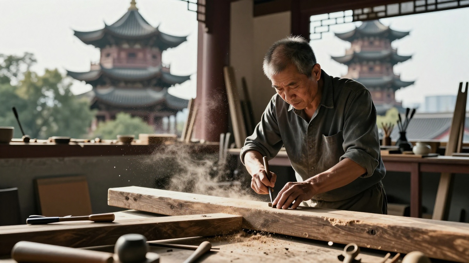 A master craftsman using traditional hand tools to carve wood at a restoration site near Yingxian