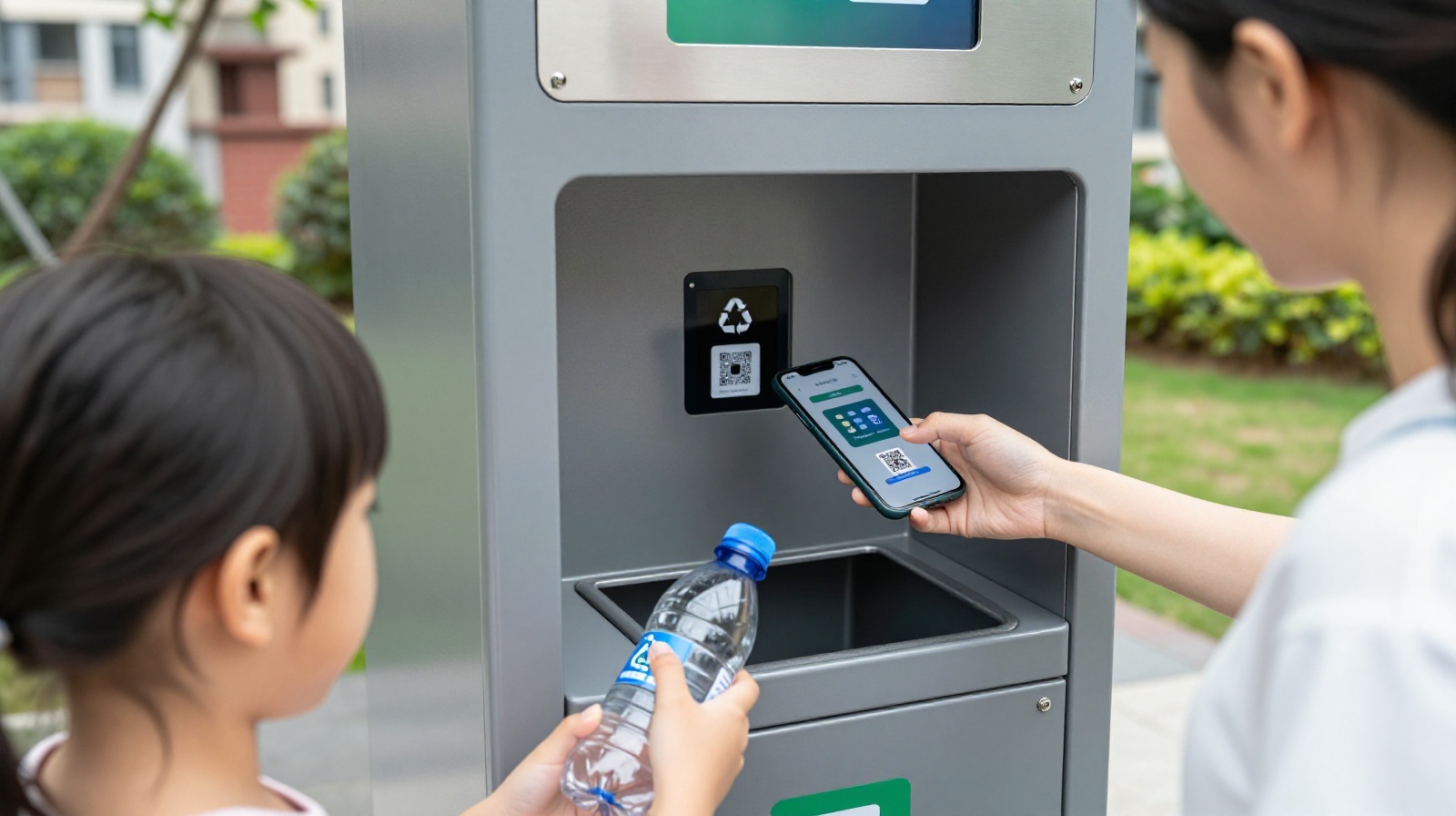 A Chinese family using a smart recycling bin in their residential community, demonstrating how mobile apps and technology make waste sorting easy and rewarding for everyday citizens.