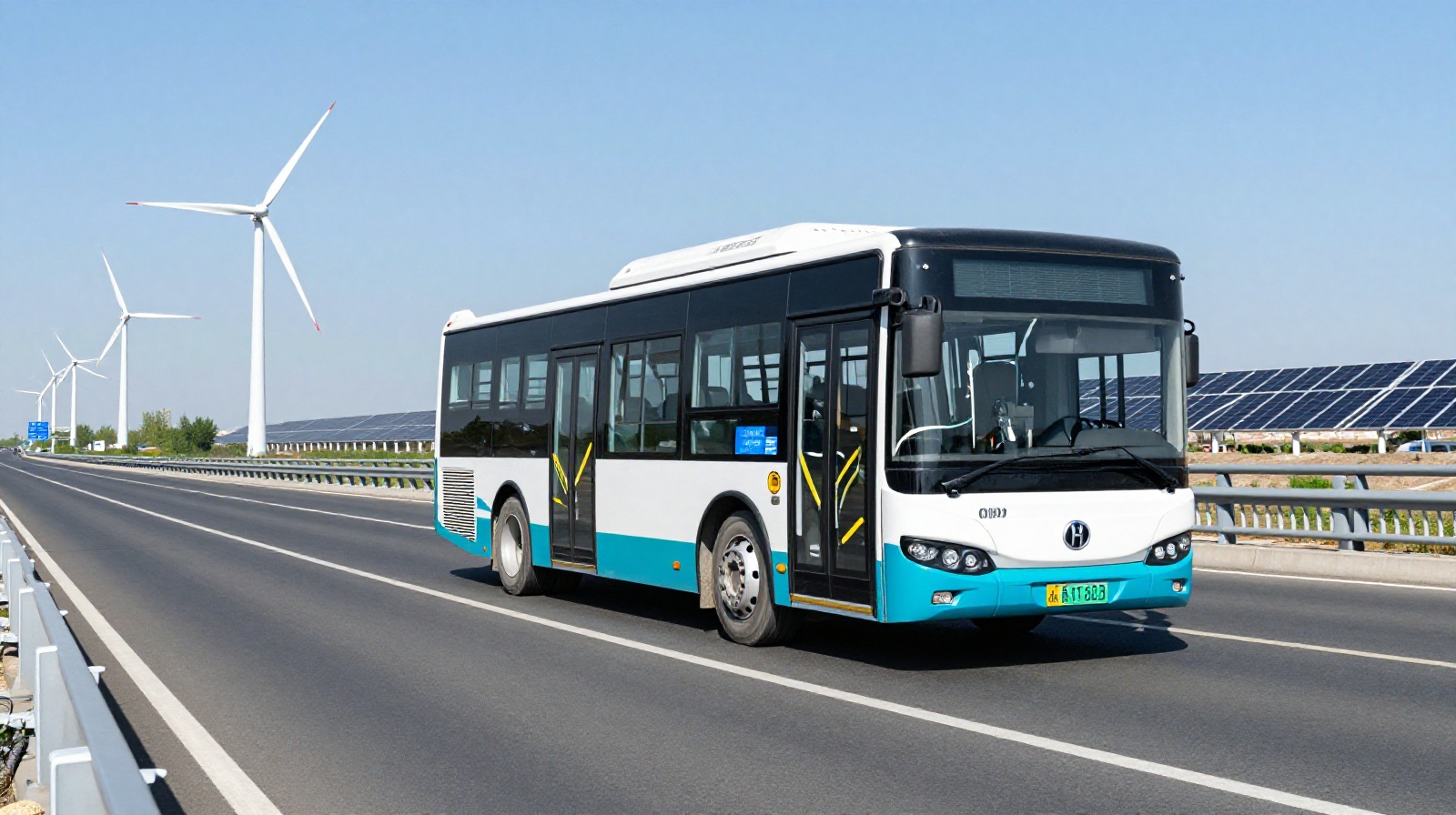 A hydrogen fuel cell electric bus traveling on a highway in China, illustrating the shift from fossil fuels to clean energy transportation systems.