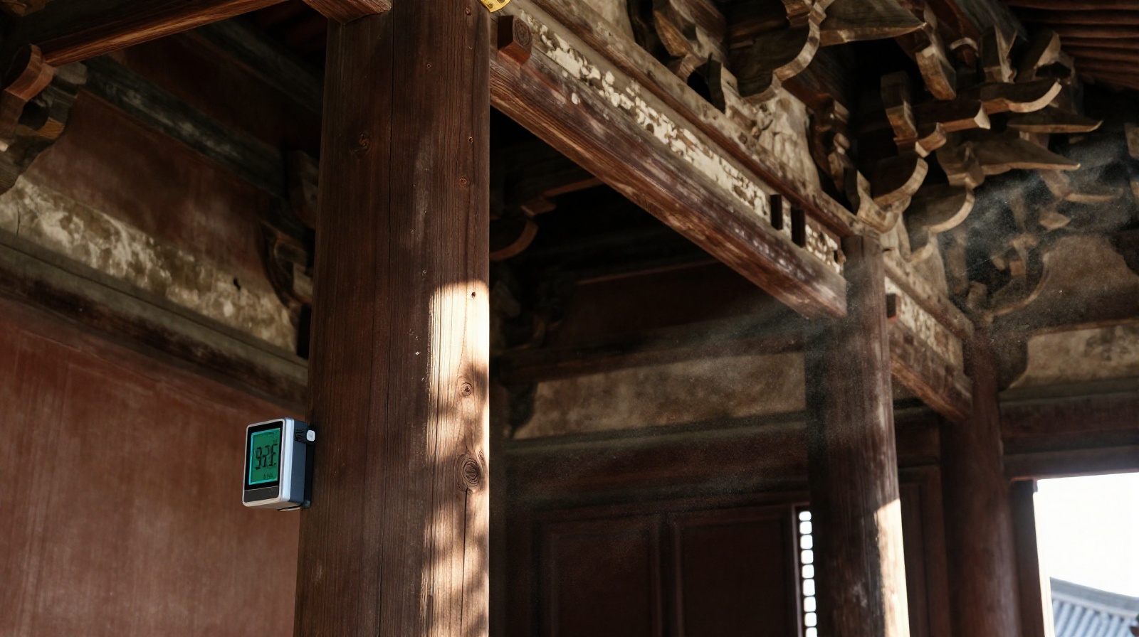 Close up of ancient wooden pillars inside Yingxian Wooden Pagoda with sunlight streaming in