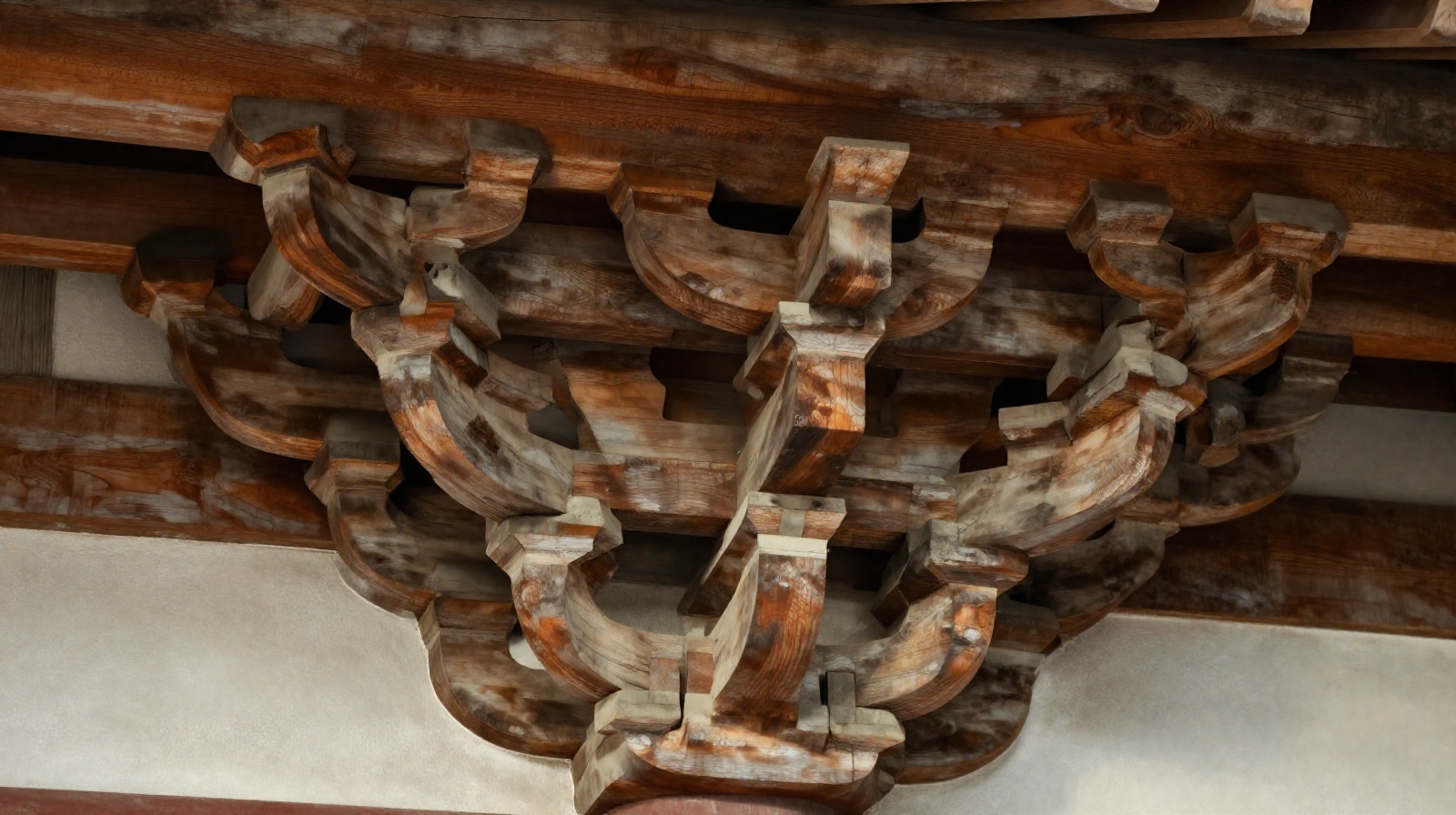 Macro view of traditional Chinese dougong interlocking brackets holding the pagoda structure