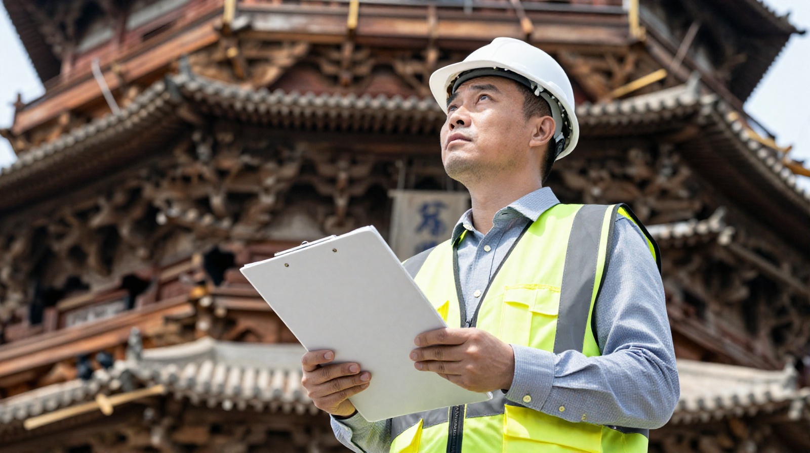 Chinese restoration engineer inspecting the Yingxian Wooden Pagoda interior