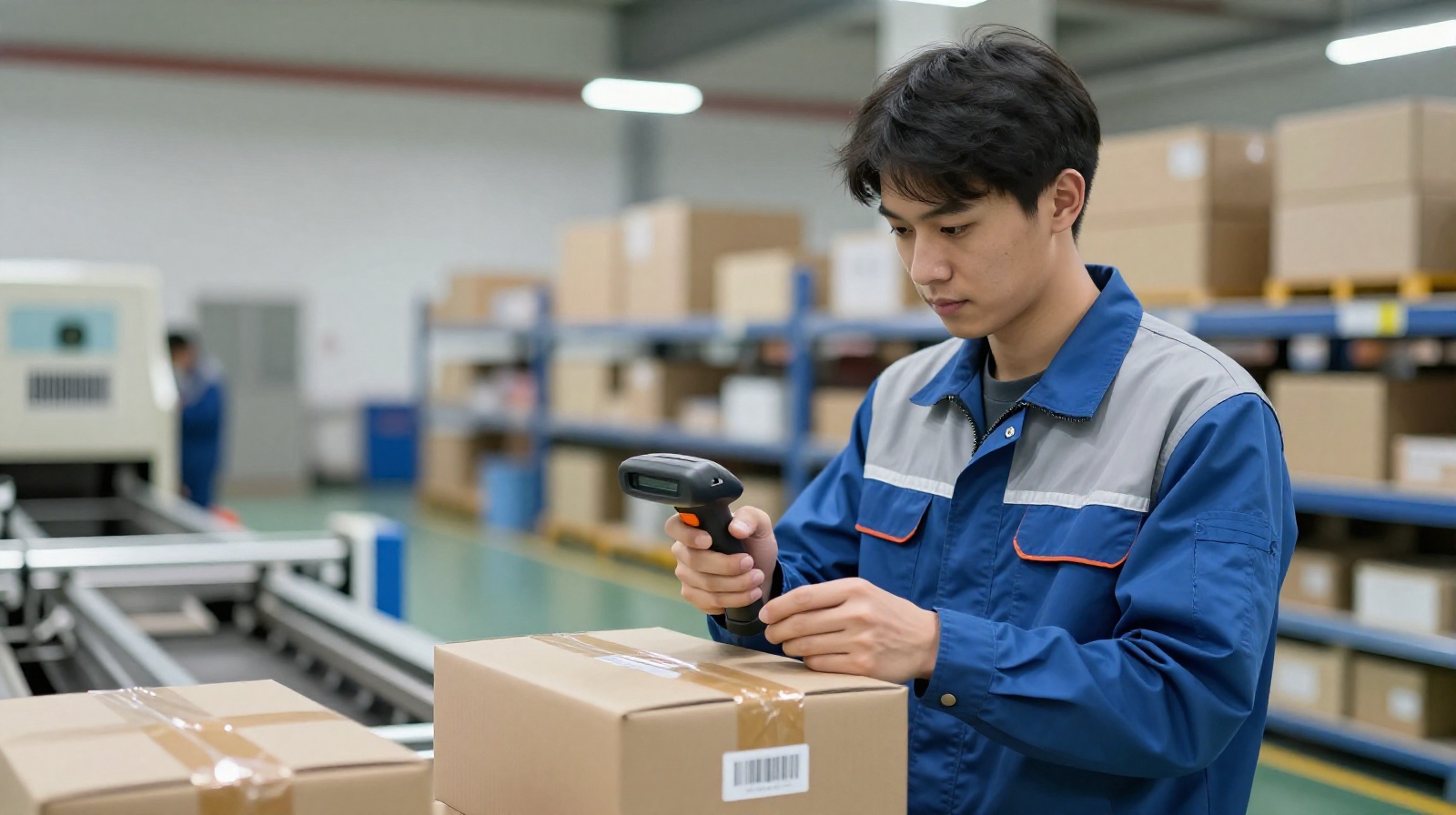 A 24-year-old logistics specialist in Guangdong carefully scanning and sorting parcels to ensure fast and accurate delivery for global e-commerce orders.