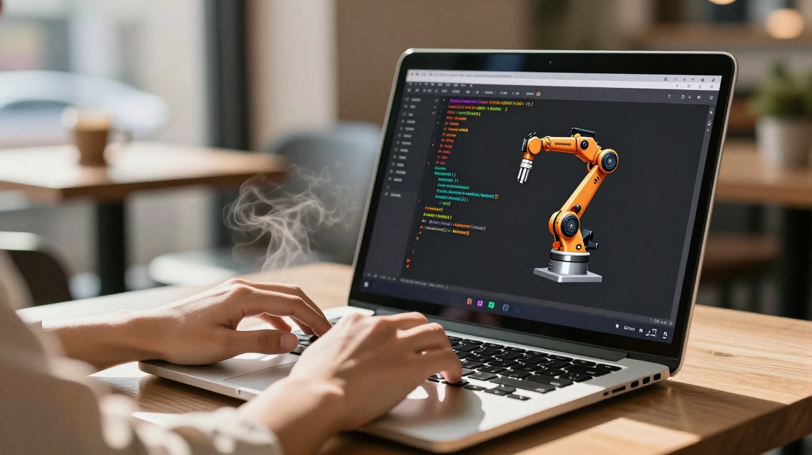 A close-up view of a young Chinese professional coding software for smart manufacturing systems in a Dongguan cafe, with a laptop screen displaying 3D robotic designs.