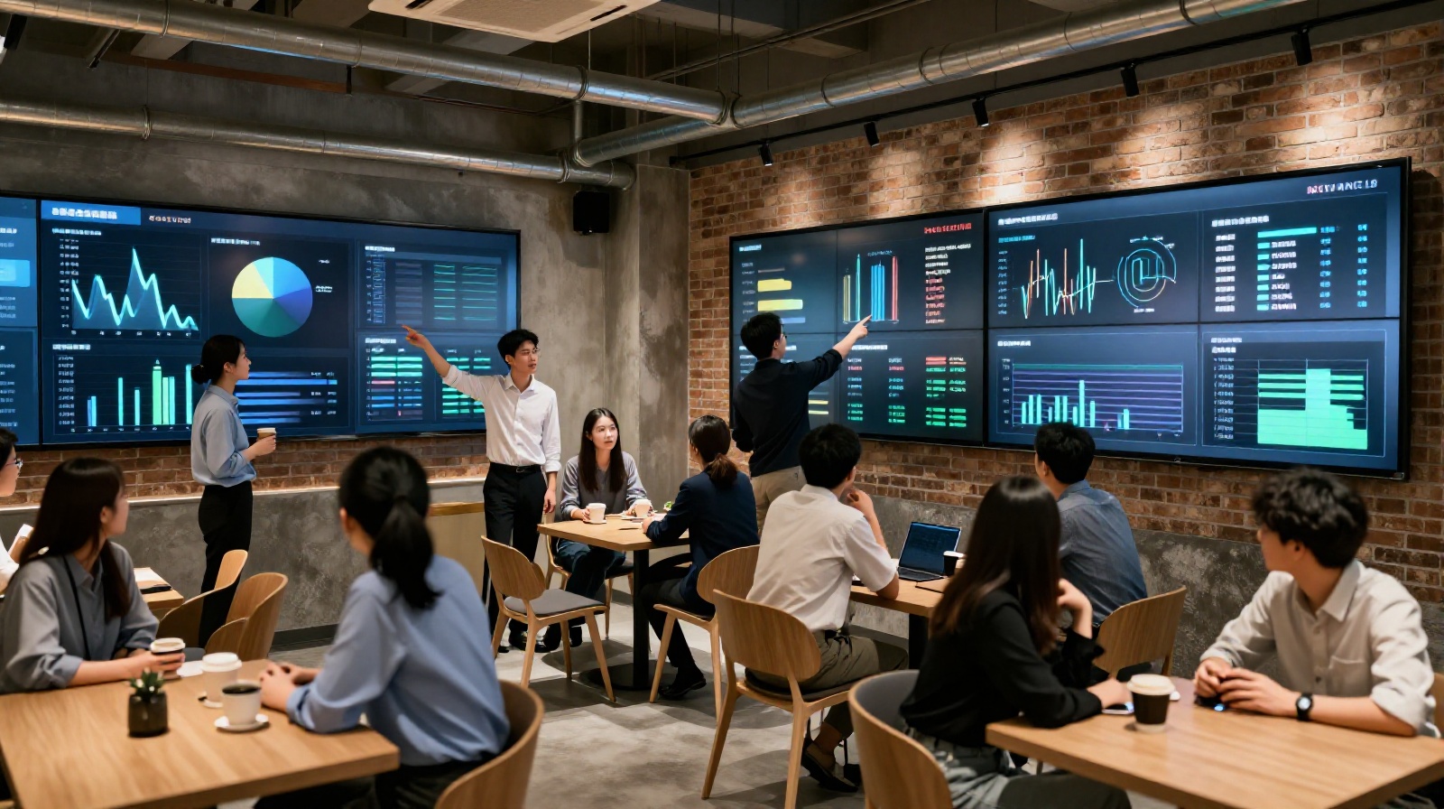 A group of young Chinese tech workers collaborating in a modern co-working cafe space, analyzing data on large monitors.