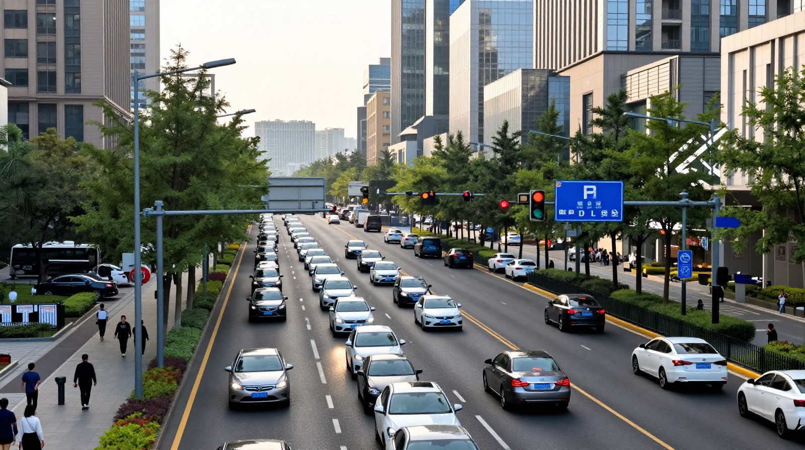 Busy morning commute in a modern Chinese city with smart traffic infrastructure and commuters using smartphones