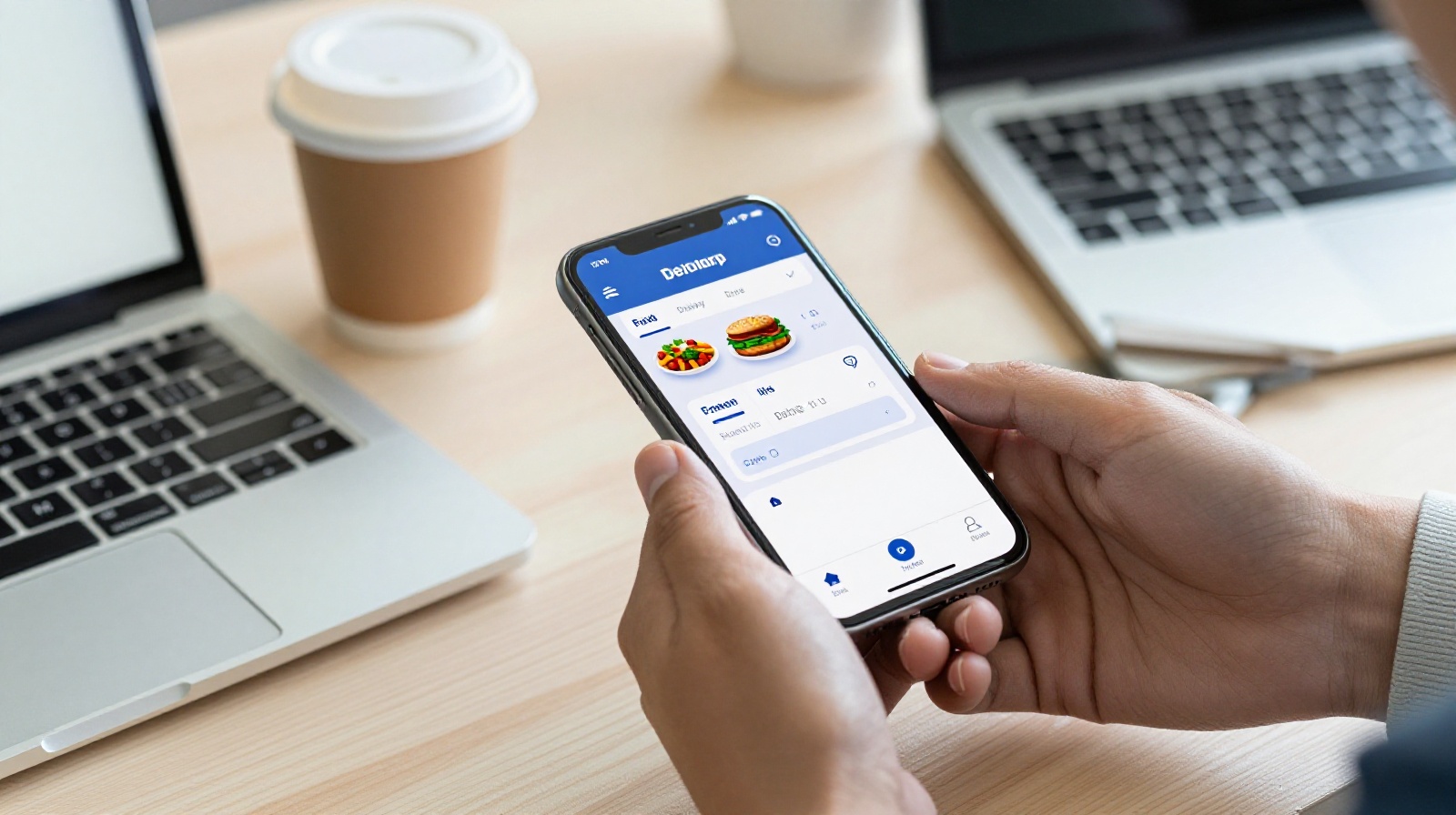 Professional worker using a mobile app for lunch delivery in a Chinese tech office