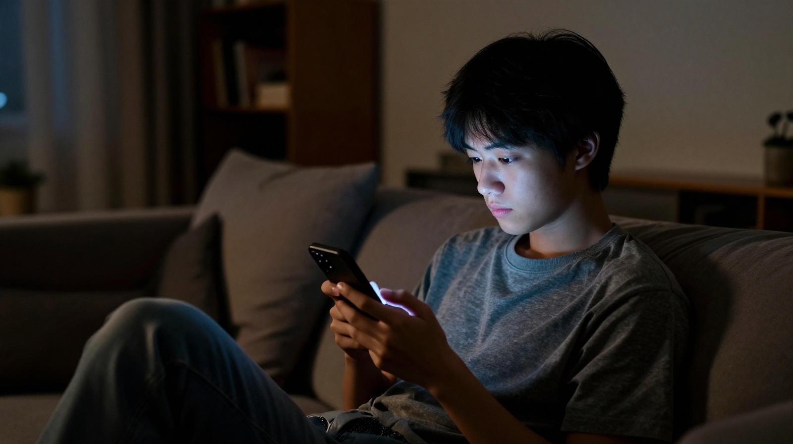 Young adult watching short video content on a mobile device late at night in a Chinese apartment