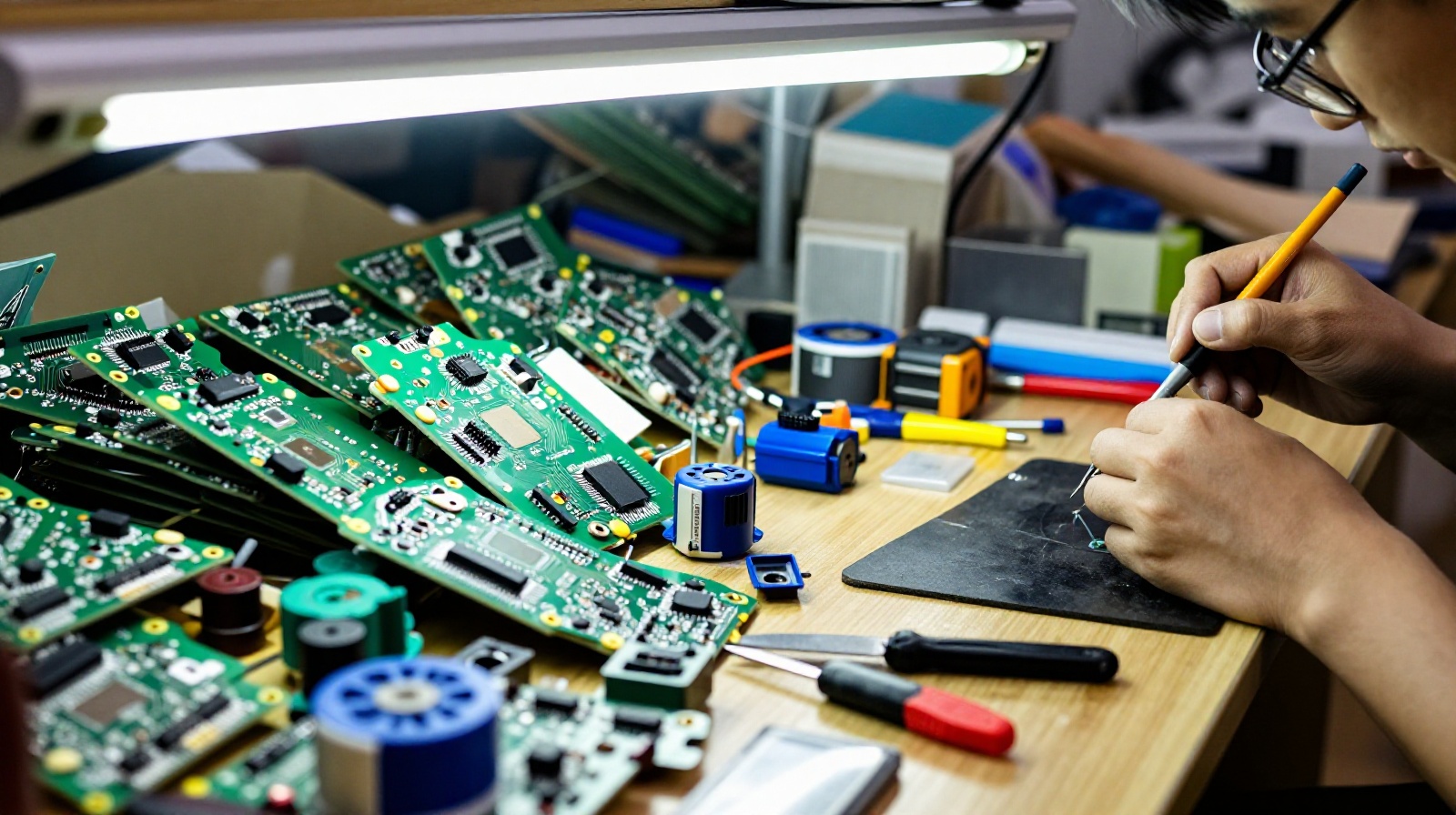 Busy electronics market stall in Huaqiangbei Shenzhen with piles of circuit boards and small components, illuminated by fluorescent lights, showing a busy morning scene