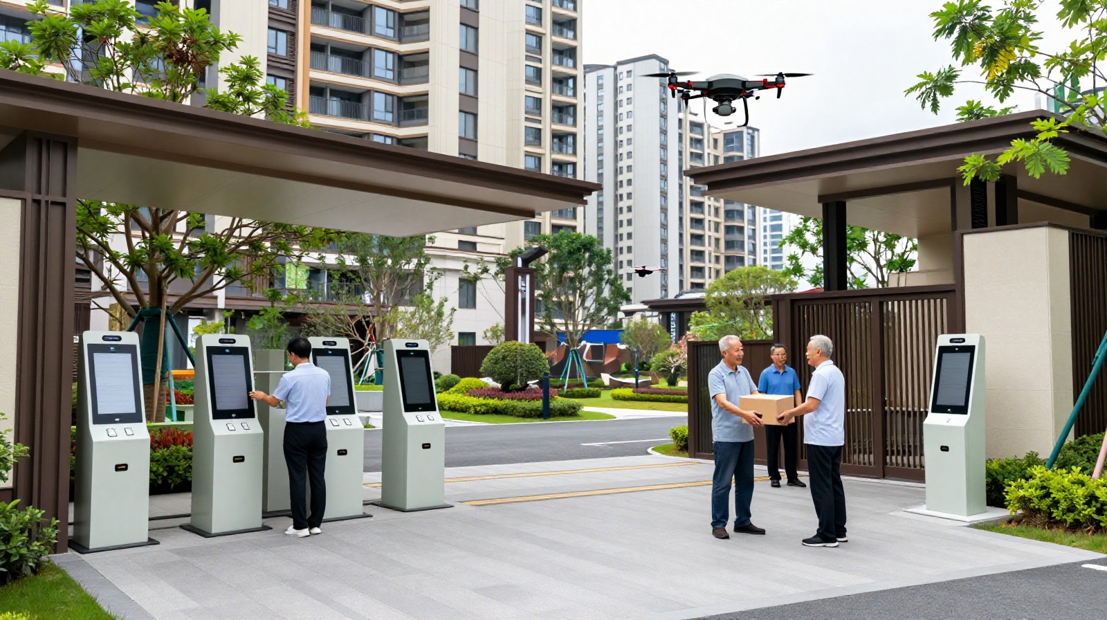 Smart community in Shenzhen where residents use facial recognition for entry and drones deliver packages to elderly neighbors.