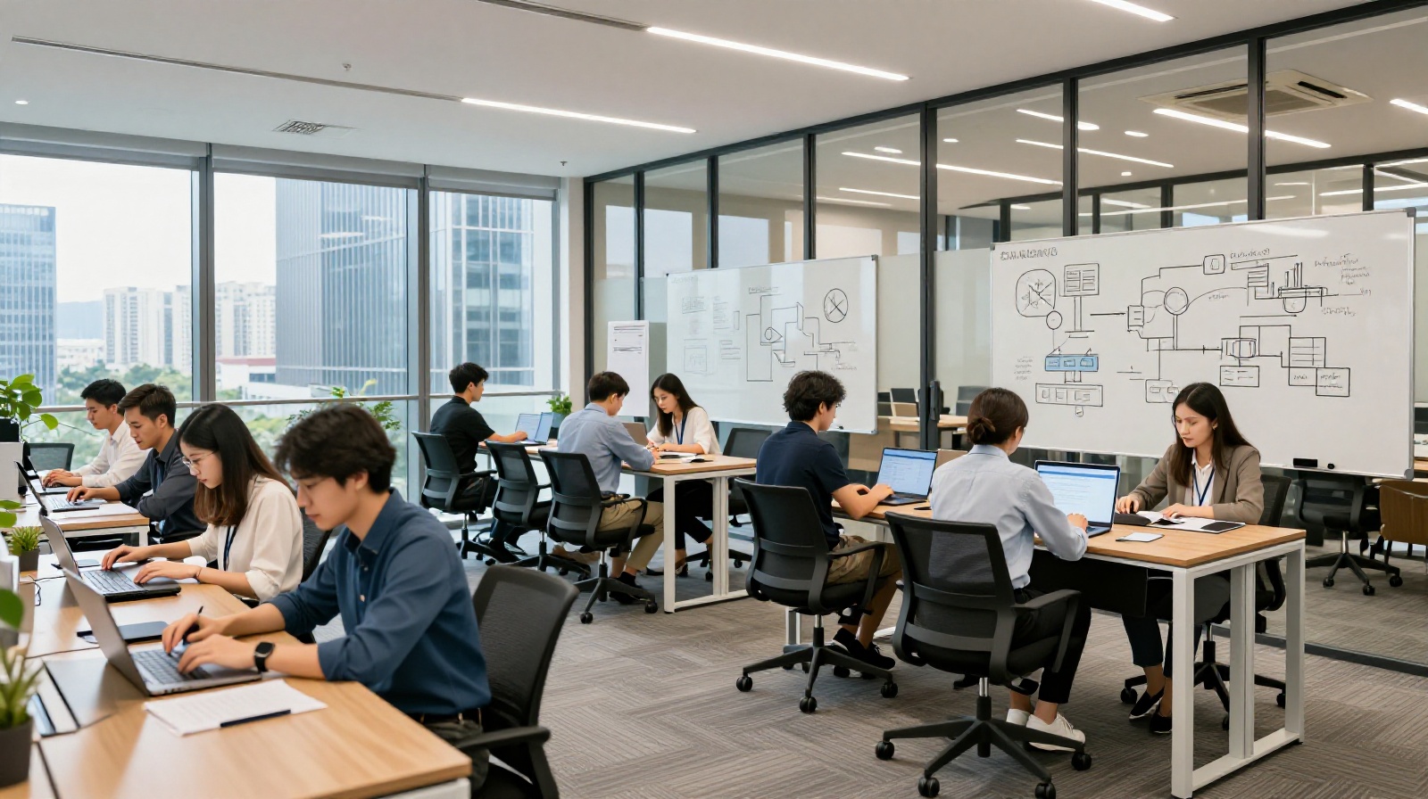 Diverse group of international and local entrepreneurs collaborating in a co-working space in Shenzhen's Nanshan district.