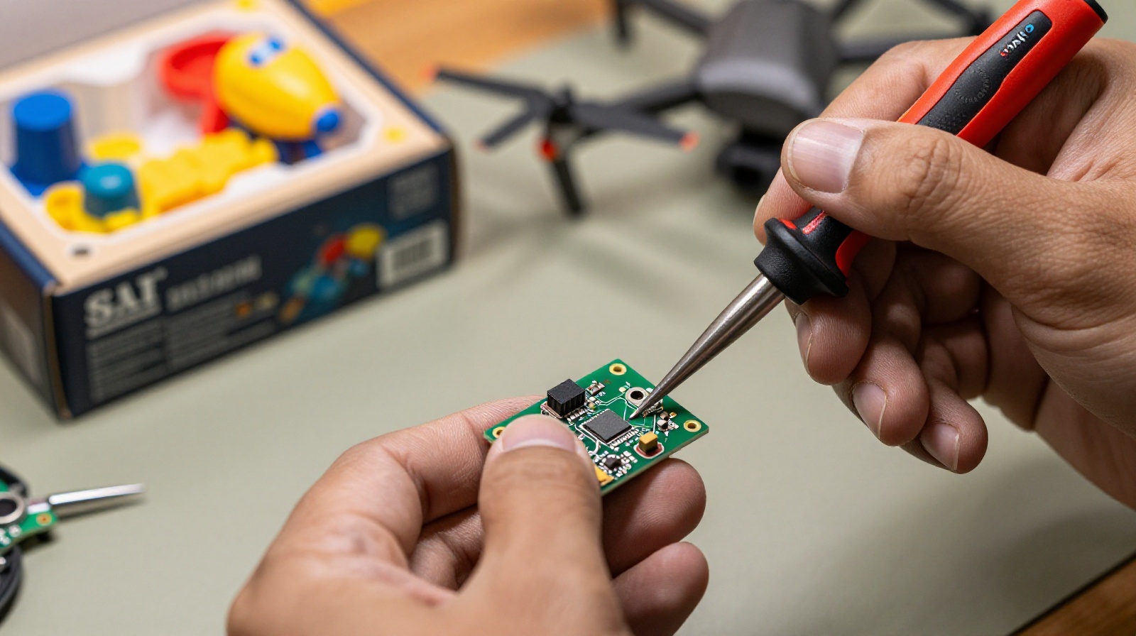 Close-up of an engineer soldering a circuit board with vintage toy boxes and modern drone parts in the background