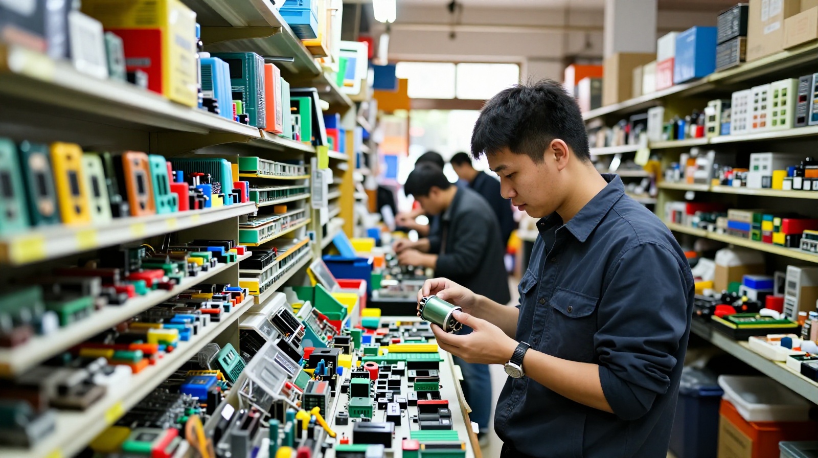 Young engineer shopping for drone parts in the crowded Huaqiangbei electronics market