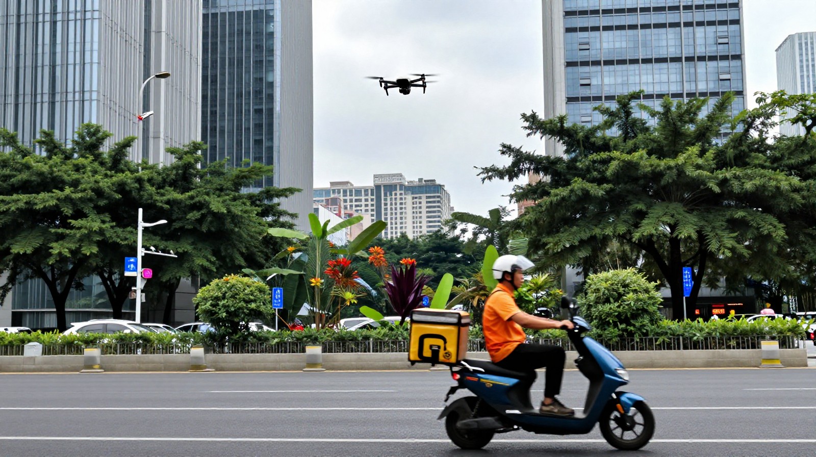 Drone flying over a busy Shenzhen street near a delivery courier