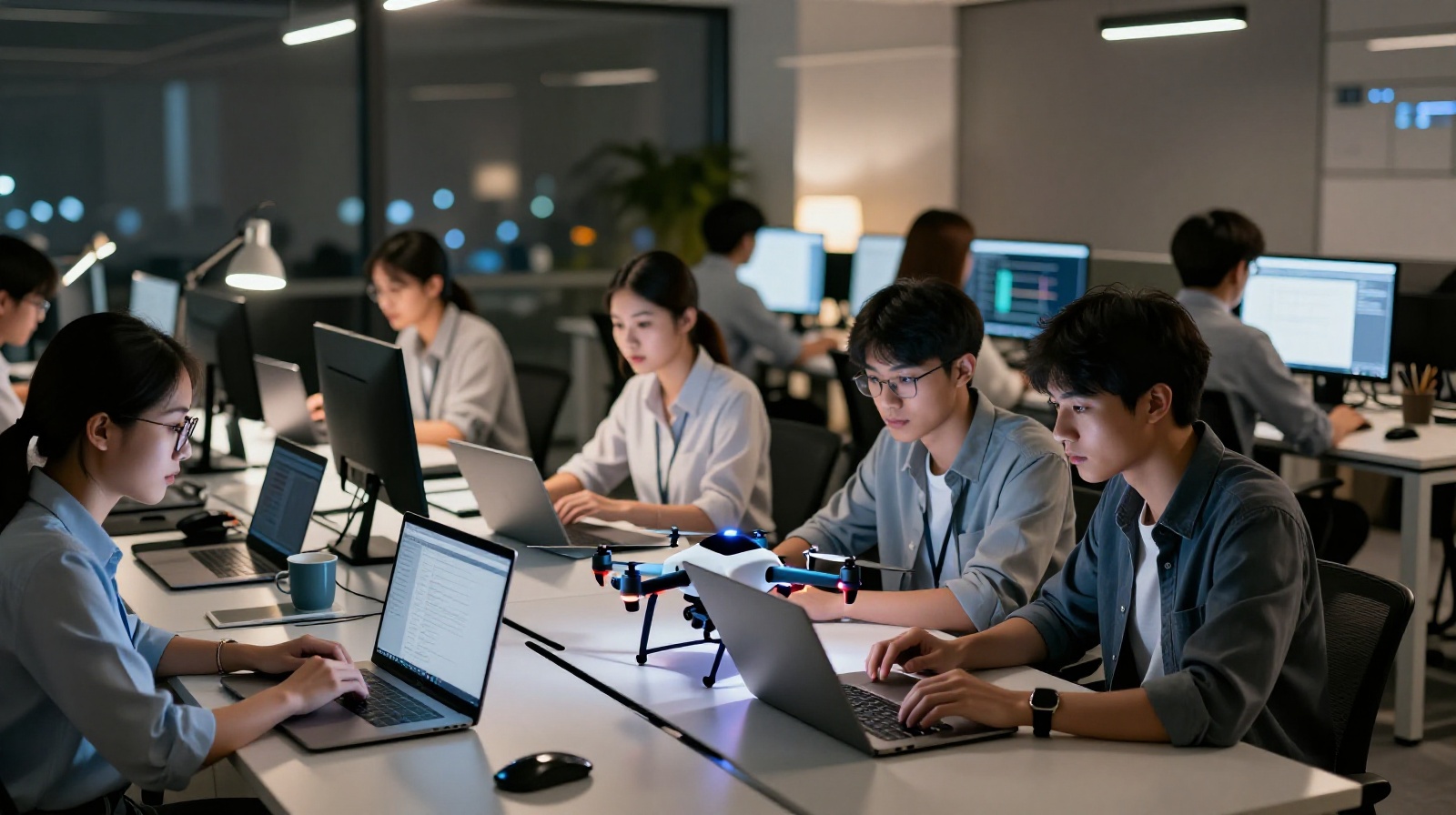 Engineers working late hours on a drone prototype in a Shenzhen startup office