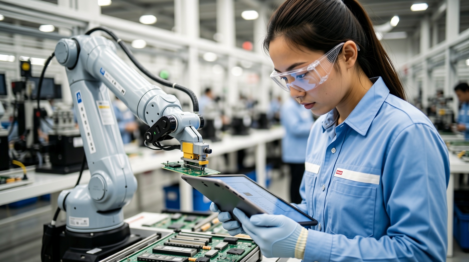 Young technician monitoring a robotic assembly line with a tablet in a modern Chinese factory