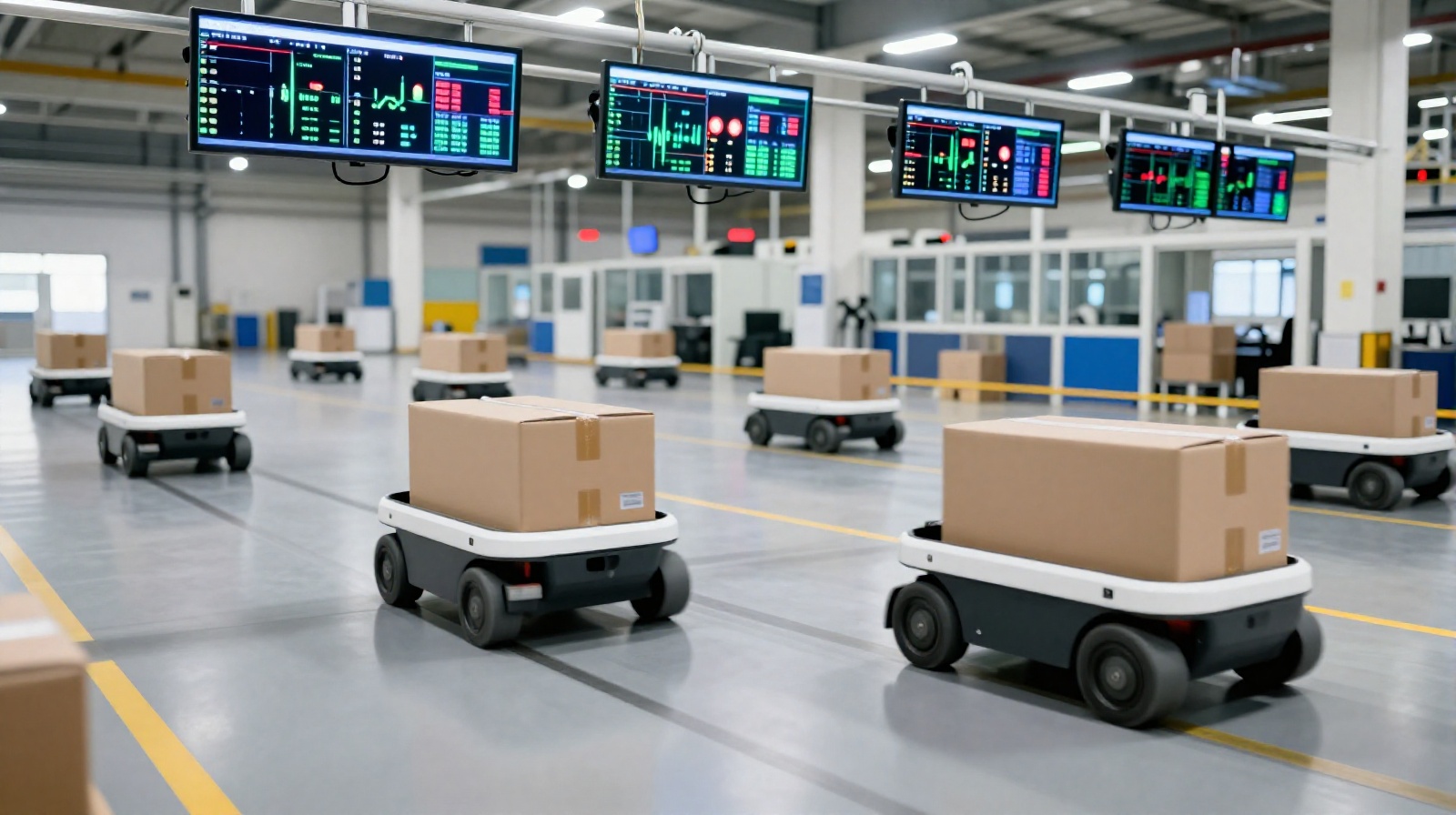 Automated guided vehicles navigating a high-speed warehouse in a Chinese manufacturing plant