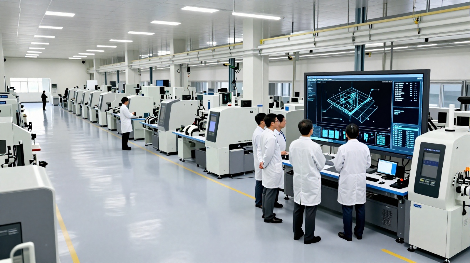 Engineers analyzing 3D blueprints on a large screen in a clean, modern Chinese factory