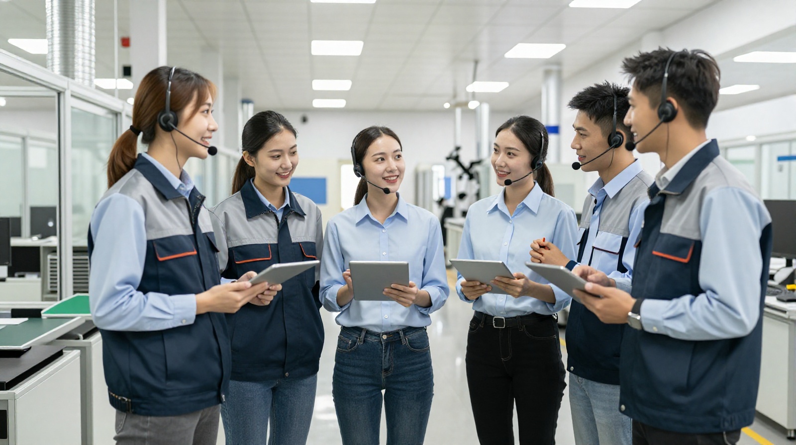 Young skilled technicians and engineers discussing work in a modern Chinese manufacturing facility