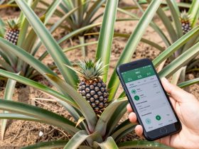 Healthy MD2 pineapple plants growing in sandy soil on the Leizhou Peninsula, a farmer using a smartphone to monitor crop data