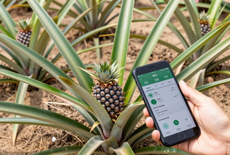 Healthy MD2 pineapple plants growing in sandy soil on the Leizhou Peninsula, a farmer using a smartphone to monitor crop data