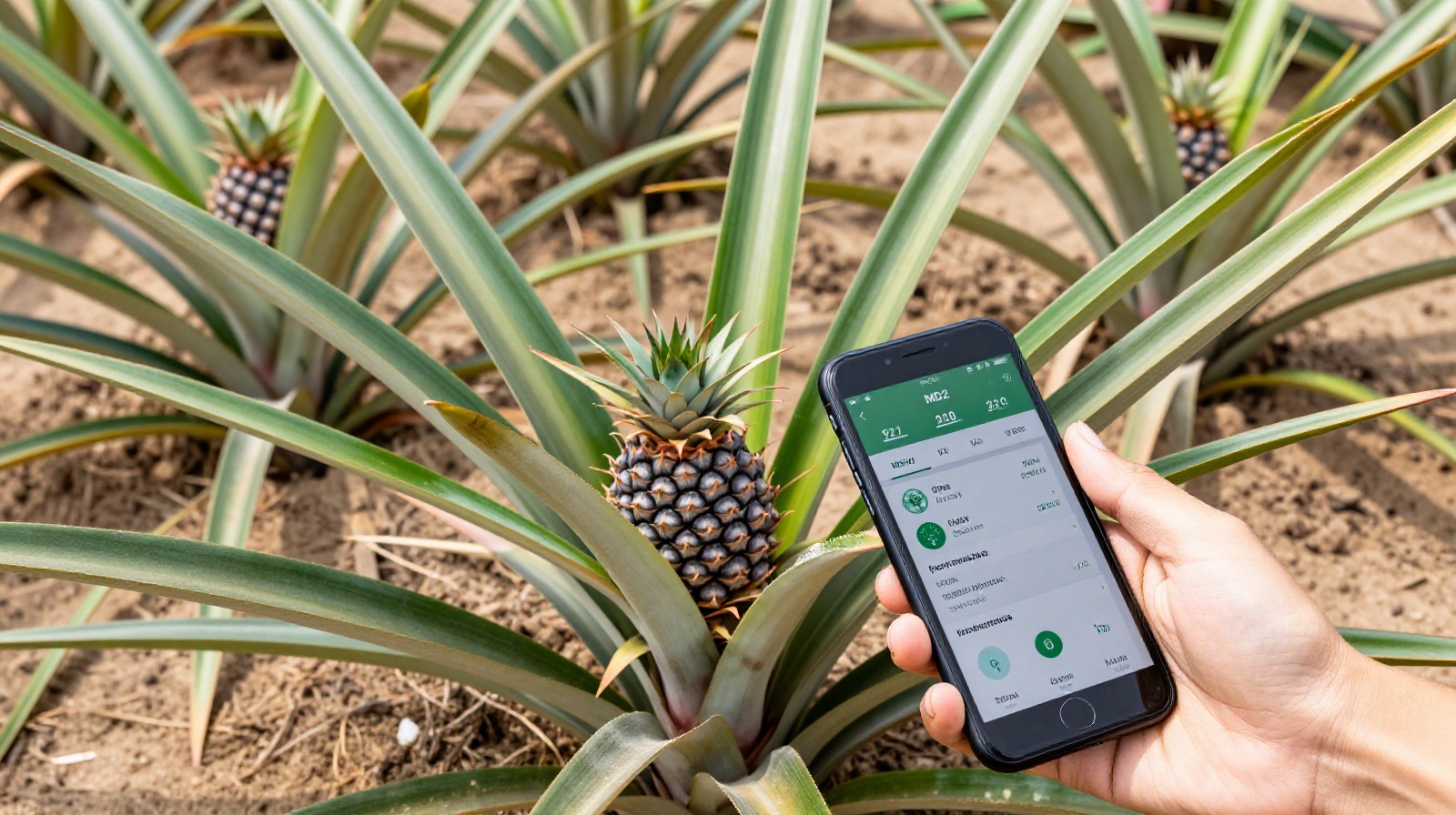 Healthy MD2 pineapple plants growing in sandy soil on the Leizhou Peninsula, a farmer using a smartphone to monitor crop data