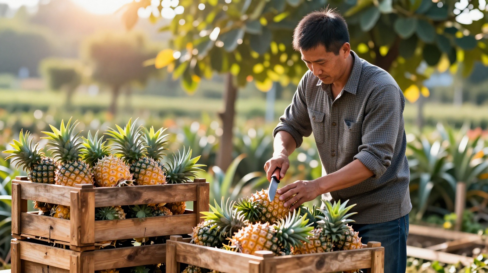 A local farmer in Zhanjiang harvesting fresh pineapples using traditional tools and modern techniques