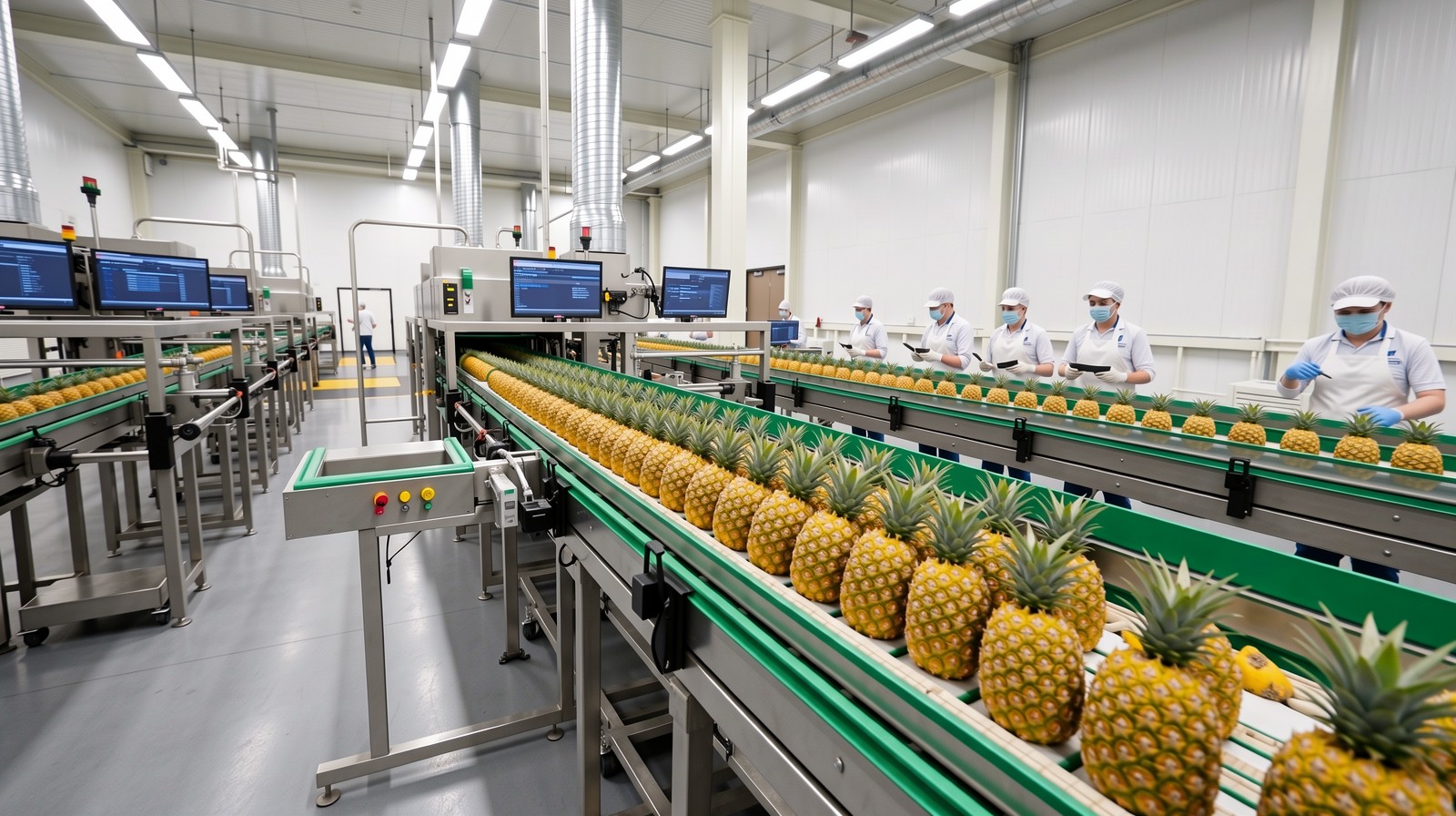 Automated sorting machines in a Zhanjiang pineapple processing plant separating fruit by quality